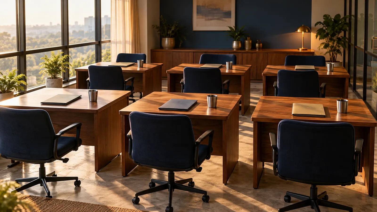 A sunlit open office with desks and folders before the team arrives