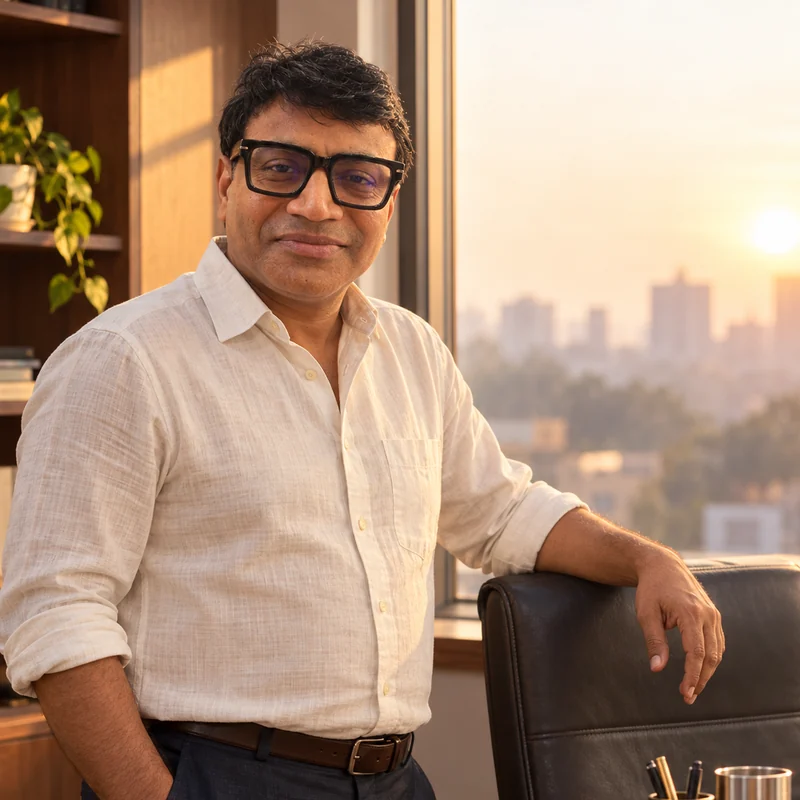 Tilak Raj Bansal, founder of LoanDesk, by his office window at dawn