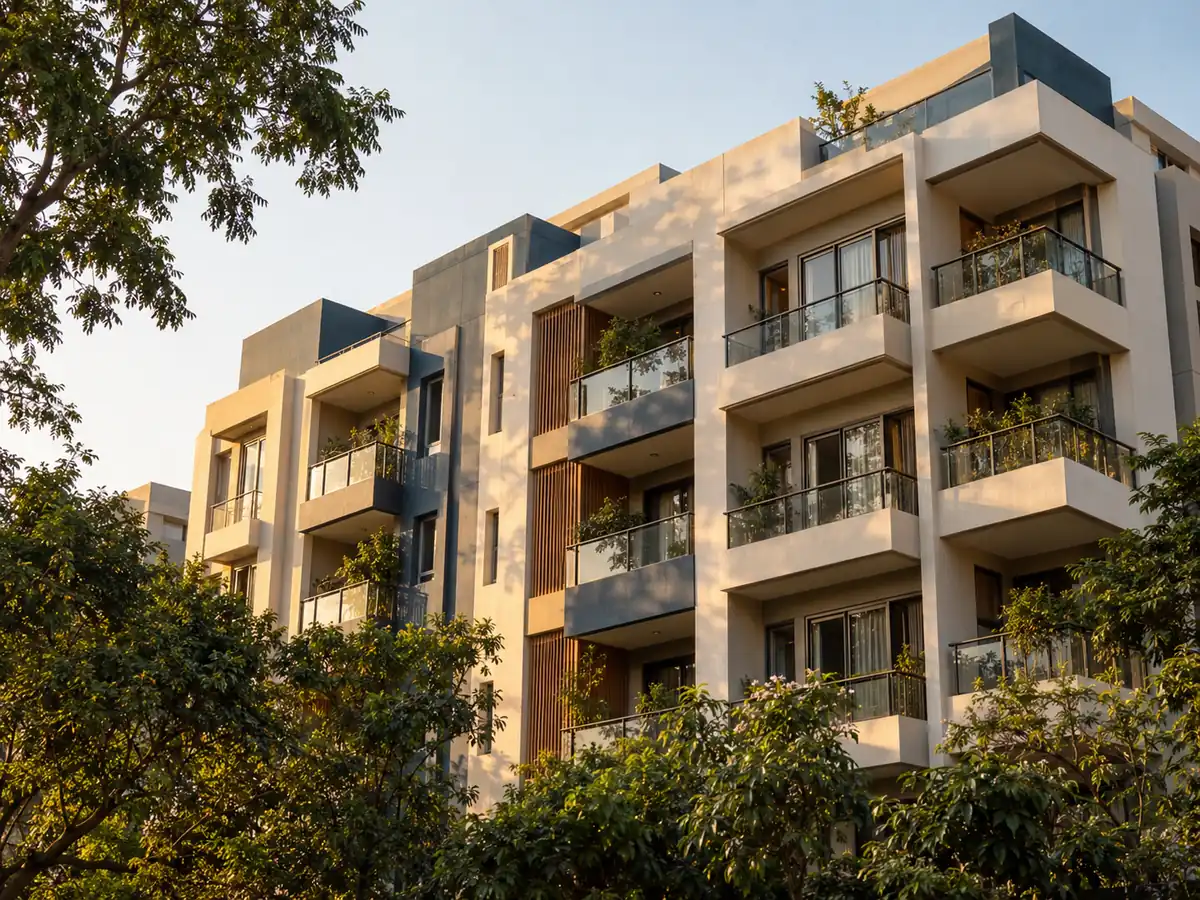 A residential apartment building with balconies in morning light