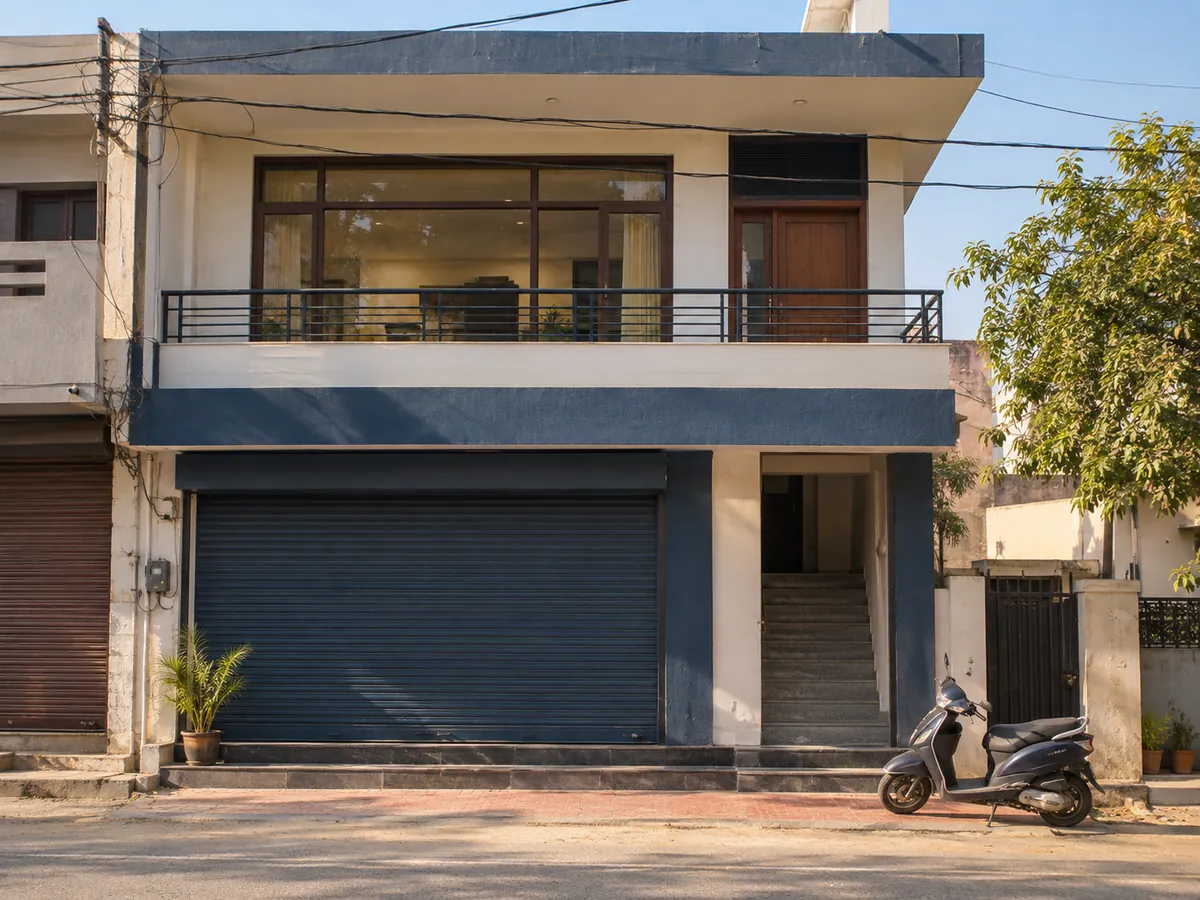 A two-storey commercial building with a shuttered shop and an office above