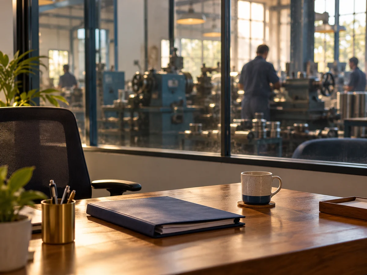A desk with a folder beside a glass wall onto a small factory floor
