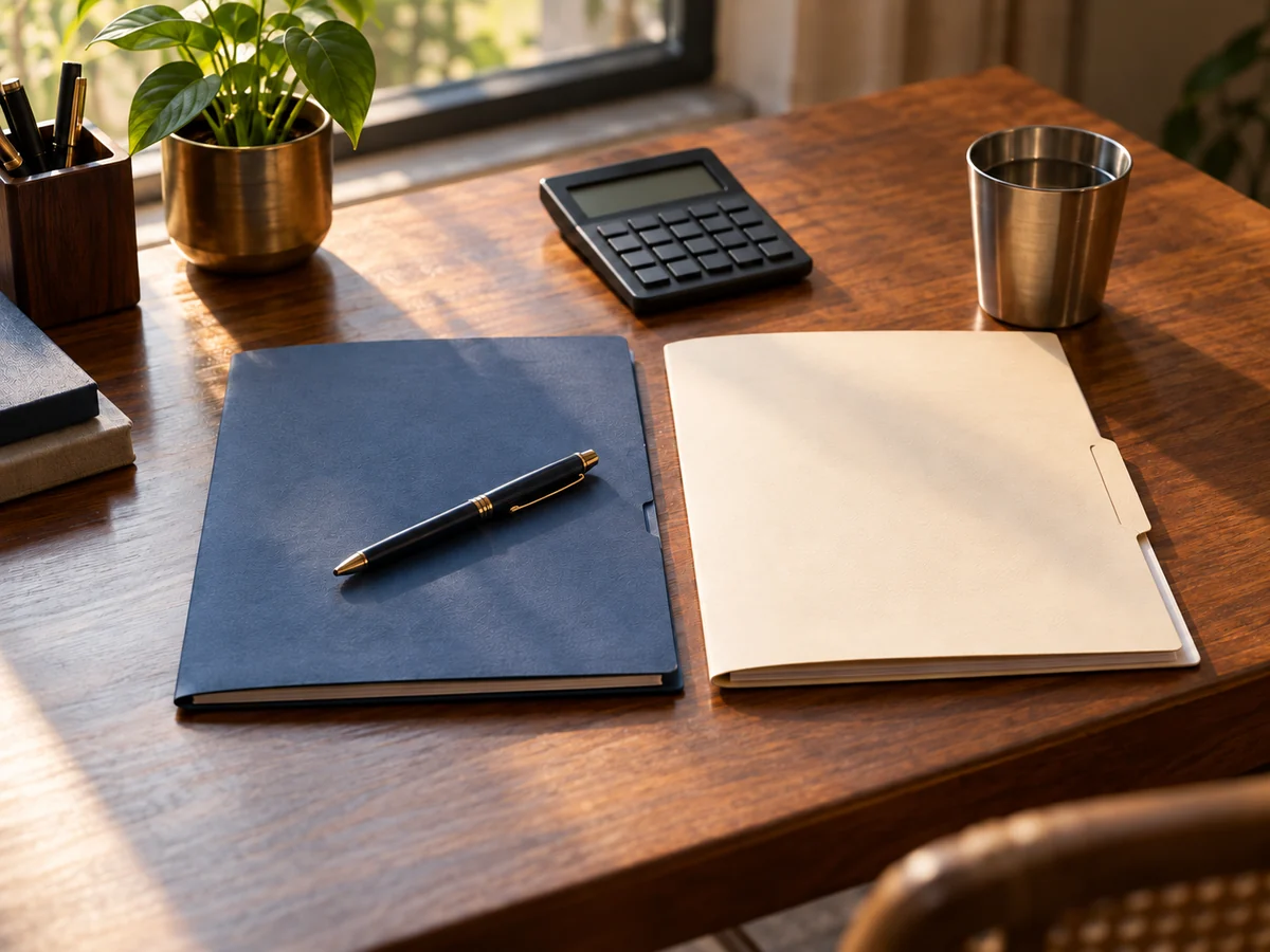Two folders side by side on a desk with a pen and a calculator