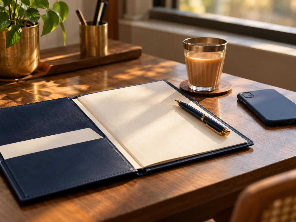 An open folder with a pen, a glass of tea and a phone on a desk