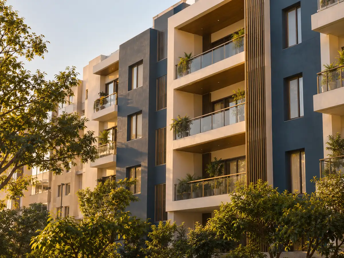 A residential apartment building with balconies in morning light